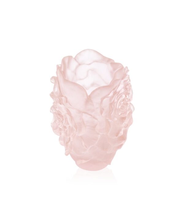 Small Camelia vase by Daum, a delicate pink fusion of crystal and light, evoking natural elegance.