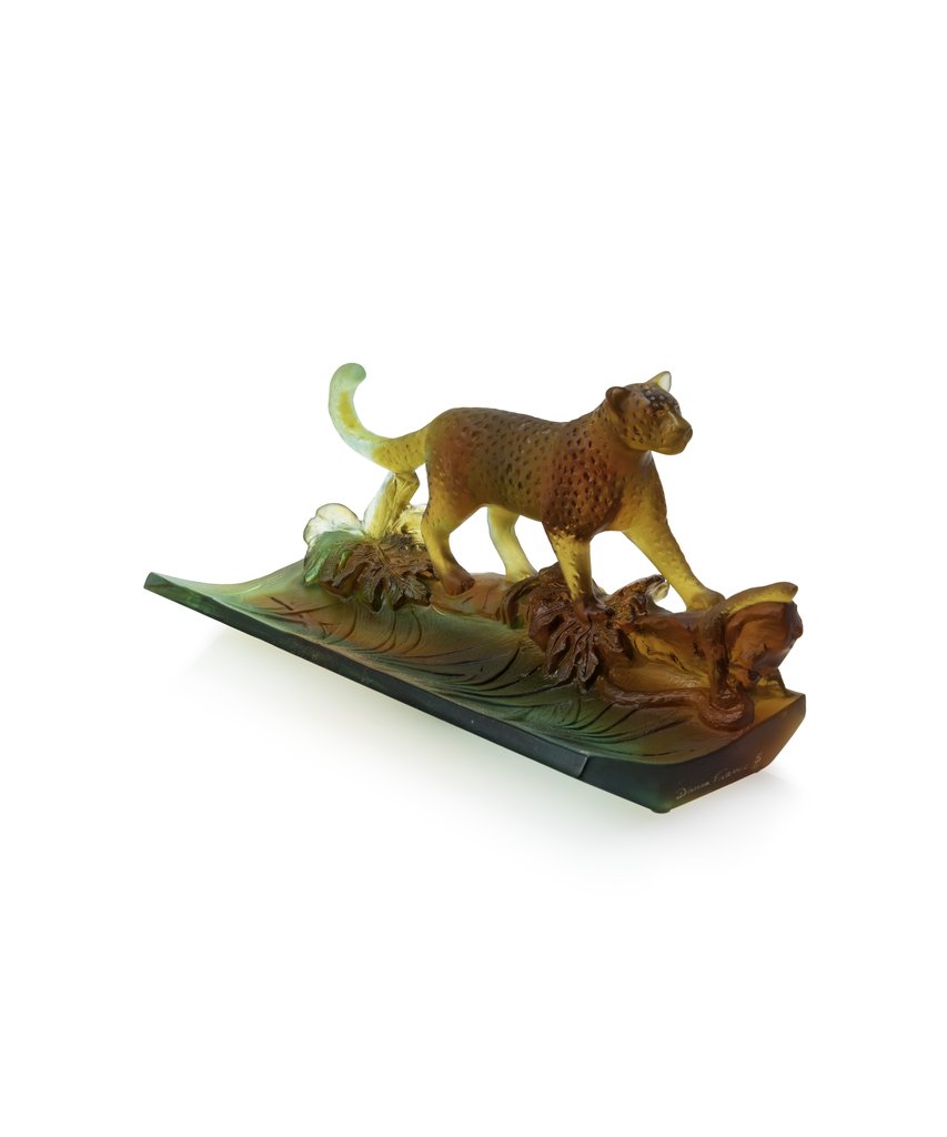 Tropical Leopard Amber-Green Sculpture, a striking expression in pâte de verre, capturing the brilliance of the savannah.