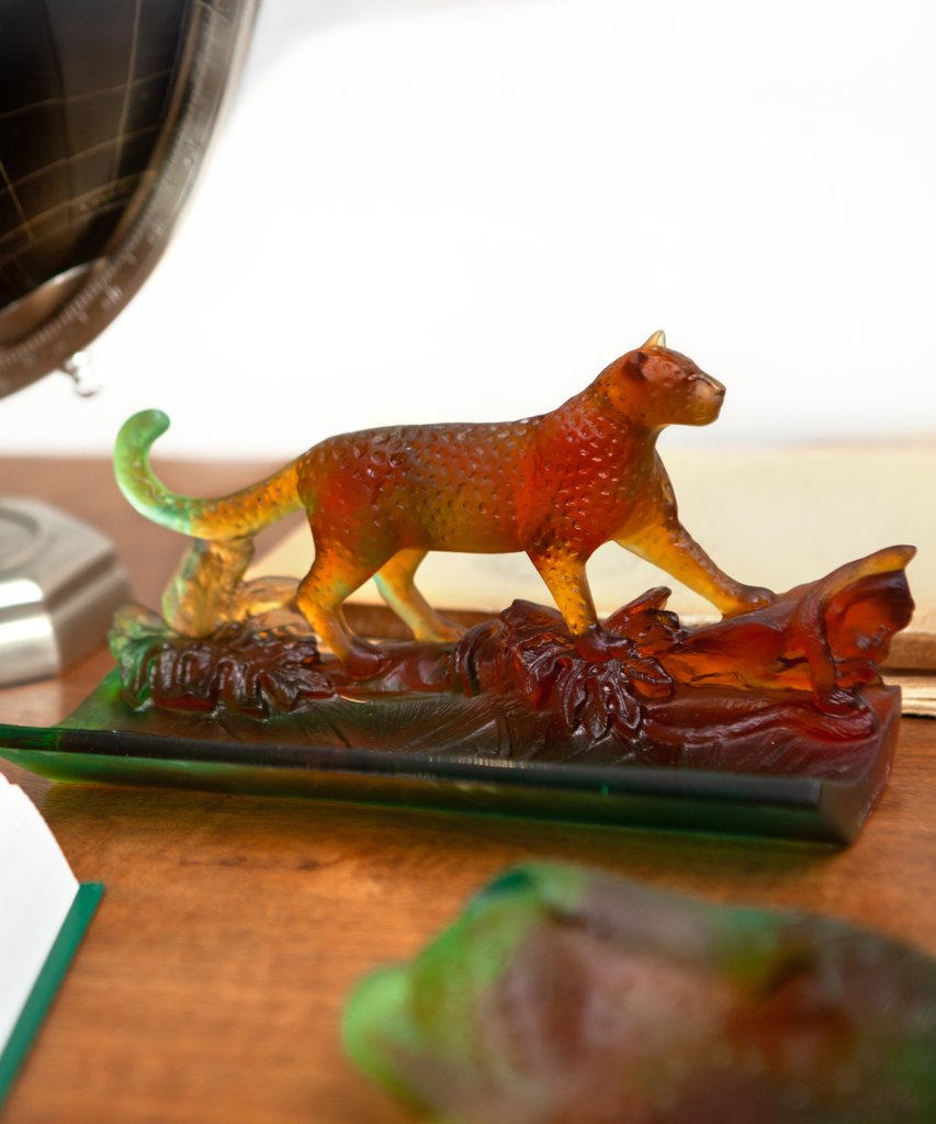 Tropical Leopard Amber-Green Sculpture, a striking expression in pâte de verre, capturing the brilliance of the savannah. - Image 2